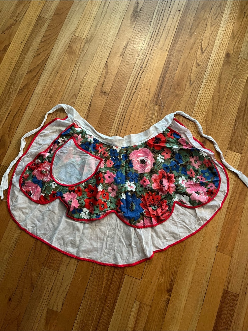Vintage Half Apron with colorful Floral Print and red trim Reversible